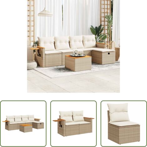 Poltrona da giardino -  Set Divano da Giardino 6 pz con Cuscini Beige in Polyrattan