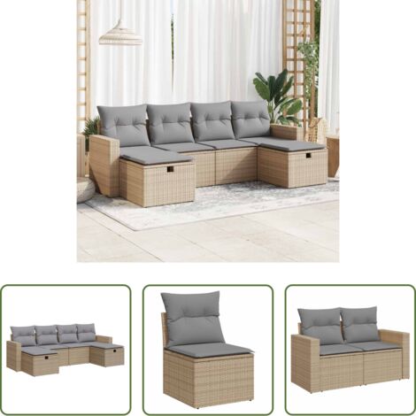 Poltrona da giardino -  Set Divano da Giardino 6 pz con Cuscini Beige in Polyrattan
