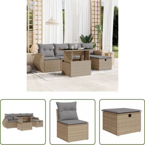 Poltrona da giardino -  Set Divano da Giardino 6 pz con Cuscini Beige in Polyrattan
