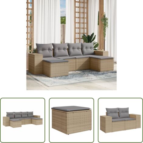 Poltrona da giardino -  Set Divano da Giardino 6 pz con Cuscini Beige in Polyrattan