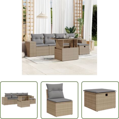 Poltrona da giardino -  Set Divano da Giardino 6 pz con Cuscini Beige in Polyrattan