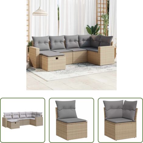 Poltrona da giardino -  Set Divano da Giardino 6 pz con Cuscini Beige in Polyrattan