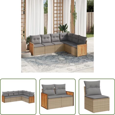 Poltrona da giardino -  Set Divano da Giardino 6 pz con Cuscini Beige in Polyrattan