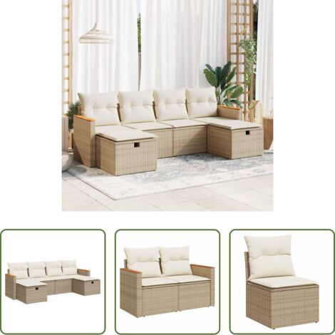 Poltrona da giardino -  Set Divano da Giardino 6 pz con Cuscini Beige in Polyrattan