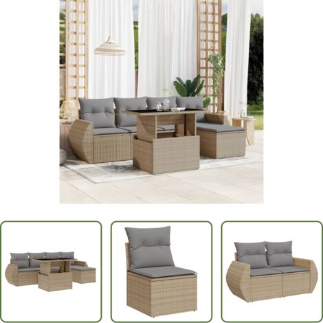 Poltrona da giardino -  Set Divano da Giardino 6 pz con Cuscini Beige in Polyrattan
