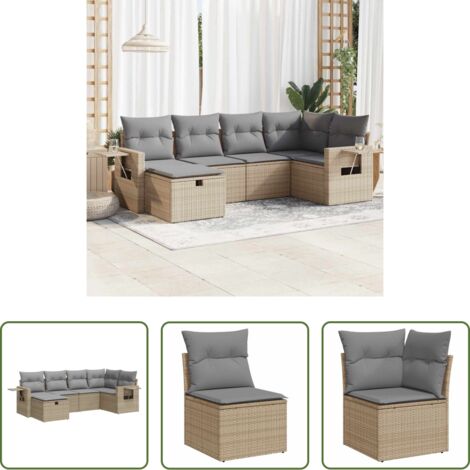 Poltrona da giardino -  Set Divano da Giardino 6 pz con Cuscini Beige in Polyrattan
