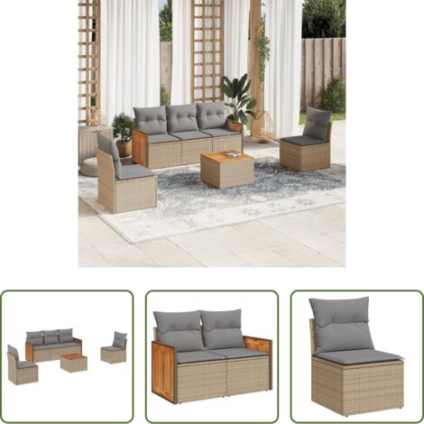 Poltrona da giardino -  Set Divano da Giardino 6 pz con Cuscini Beige in Polyrattan