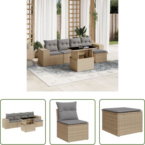 Poltrona da giardino -  Set Divano da Giardino 6 pz con Cuscini Beige in Polyrattan
