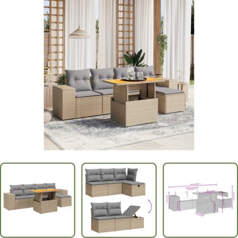 Poltrona da giardino -  Set Divano da Giardino 6 pz con Cuscini Beige in Polyrattan