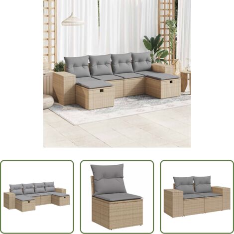 Poltrona da giardino -  Set Divano da Giardino 6 pz con Cuscini Beige in Polyrattan