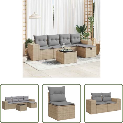 Poltrona da giardino -  Set Divano da Giardino 6 pz con Cuscini Beige in Polyrattan