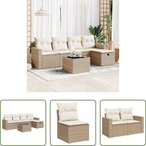 Poltrona da giardino -  Set Divano da Giardino 6 pz con Cuscini Beige in Polyrattan