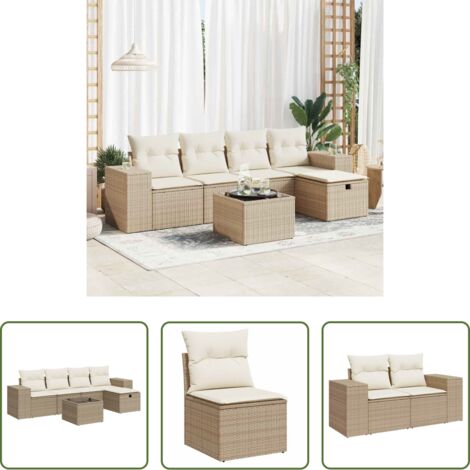 Poltrona da giardino -  Set Divano da Giardino 6 pz con Cuscini Beige in Polyrattan