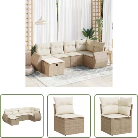 Poltrona da giardino -  Set Divano da Giardino 6 pz con Cuscini Beige in Polyrattan