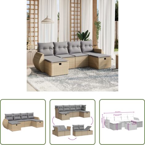 Poltrona da giardino -  Set Divano da Giardino 6 pz con Cuscini Beige Misto Polyrattan