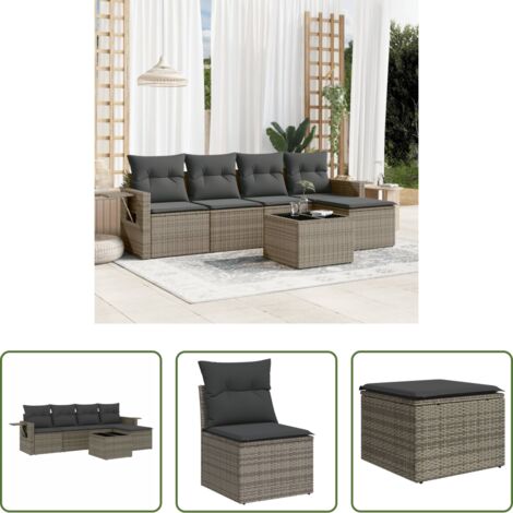 Poltrona da giardino -  Set Divano da Giardino 6 pz con Cuscini Grigio in Polyrattan