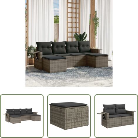 Poltrona da giardino -  Set Divano da Giardino 6 pz con Cuscini Grigio in Polyrattan