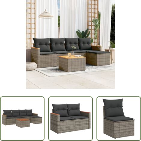 Poltrona da giardino -  Set Divano da Giardino 6 pz con Cuscini Grigio in Polyrattan
