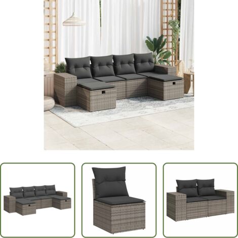 Poltrona da giardino -  Set Divano da Giardino 6 pz con Cuscini Grigio in Polyrattan