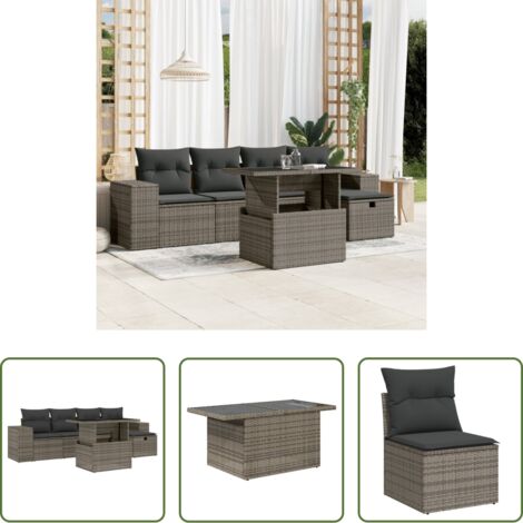 Poltrona da giardino -  Set Divano da Giardino 6 pz con Cuscini Grigio in Polyrattan