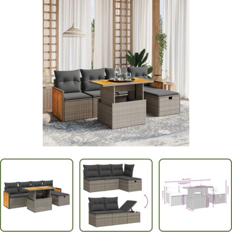 Poltrona da giardino -  Set Divano da Giardino 6 pz con Cuscini Grigio in Polyrattan