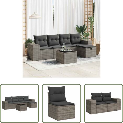 Poltrona da giardino -  Set Divano da Giardino 6 pz con Cuscini Grigio in Polyrattan