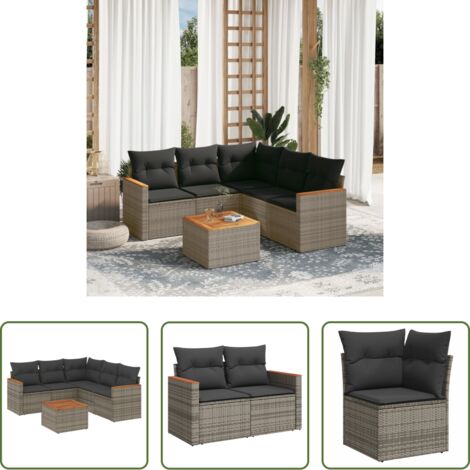 Poltrona da giardino -  Set Divano da Giardino 6 pz con Cuscini Grigio in Polyrattan