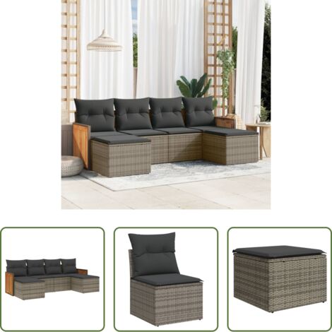 Poltrona da giardino -  Set Divano da Giardino 6 pz con Cuscini Grigio in Polyrattan