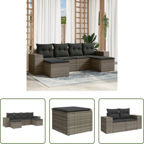 Poltrona da giardino -  Set Divano da Giardino 6 pz con Cuscini Grigio in Polyrattan