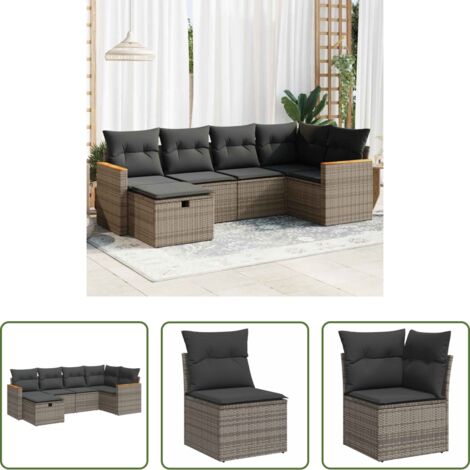 Poltrona da giardino -  Set Divano da Giardino 6 pz con Cuscini Grigio in Polyrattan