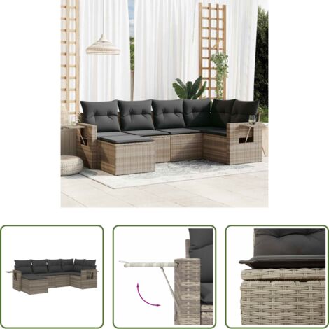 Poltrona da giardino -  Set Divano da Giardino 6pz con Cuscini Grigio Chiaro Polyrattan