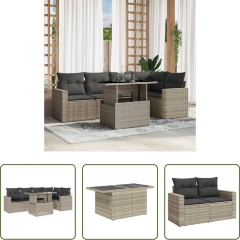 Poltrona da giardino -  Set Divano da Giardino 6pz con Cuscini Grigio Chiaro Polyrattan