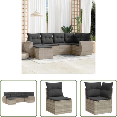 Poltrona da giardino -  Set Divano da Giardino 6pz con Cuscini Grigio Chiaro Polyrattan