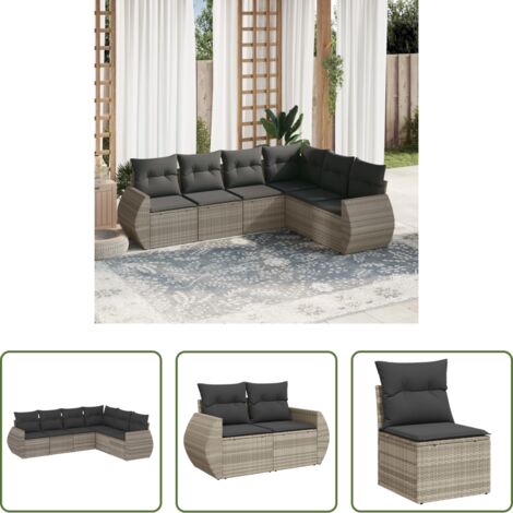 Poltrona da giardino -  Set Divano da Giardino 6pz con Cuscini Grigio Chiaro Polyrattan