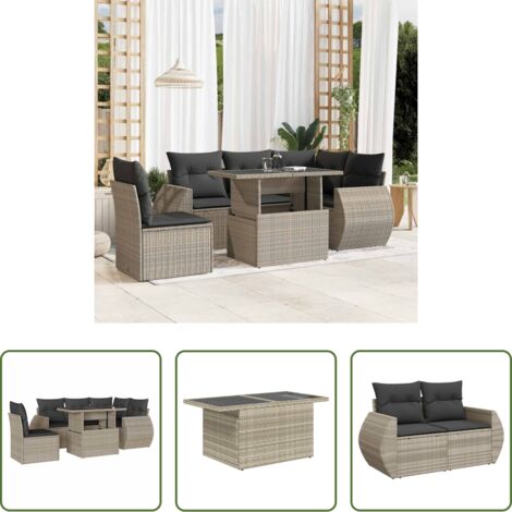 Poltrona da giardino -  Set Divano da Giardino 6pz con Cuscini Grigio Chiaro Polyrattan