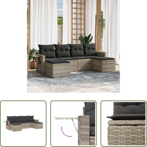 Poltrona da giardino -  Set Divano da Giardino 6pz con Cuscini Grigio Chiaro Polyrattan