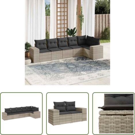 Poltrona da giardino -  Set Divano da Giardino 6pz con Cuscini Grigio Chiaro Polyrattan