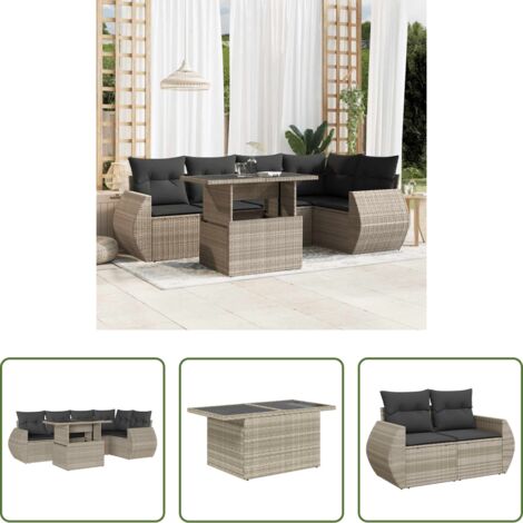 Poltrona da giardino -  Set Divano da Giardino 6pz con Cuscini Grigio Chiaro Polyrattan