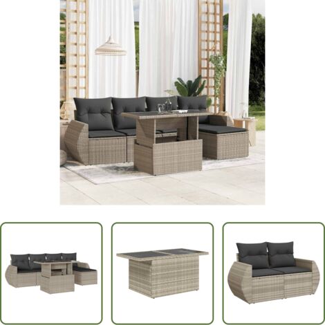 Poltrona da giardino -  Set Divano da Giardino 6pz con Cuscini Grigio Chiaro Polyrattan