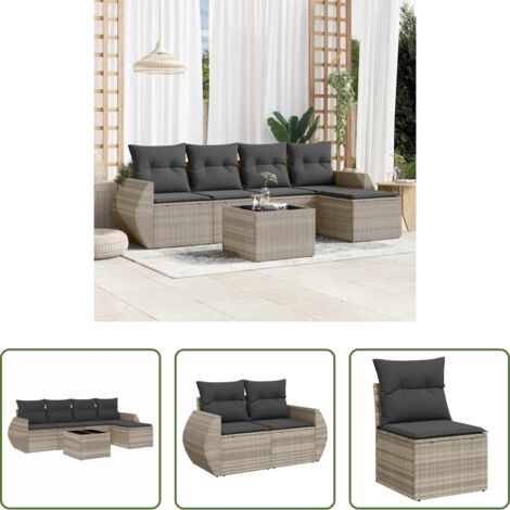 Poltrona da giardino -  Set Divano da Giardino 6pz con Cuscini Grigio Chiaro Polyrattan