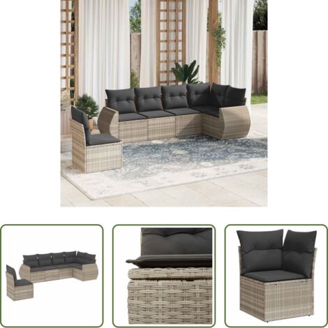 Poltrona da giardino -  Set Divano da Giardino 6pz con Cuscini Grigio Chiaro Polyrattan