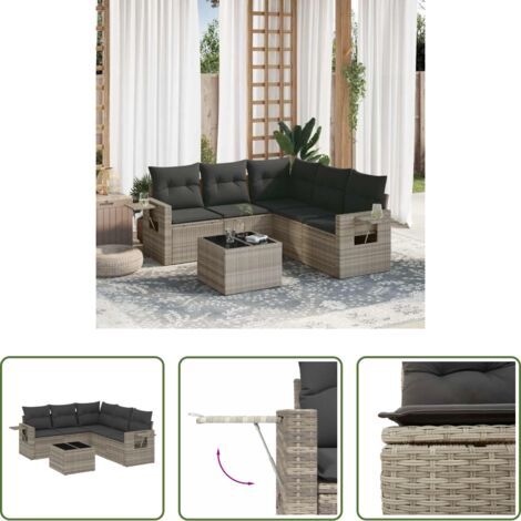 Poltrona da giardino -  Set Divano da Giardino 6pz con Cuscini Grigio Chiaro Polyrattan