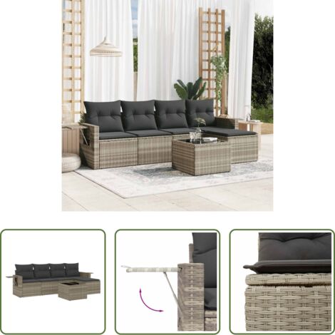 Poltrona da giardino -  Set Divano da Giardino 6pz con Cuscini Grigio Chiaro Polyrattan