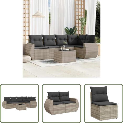 Poltrona da giardino -  Set Divano da Giardino 6pz con Cuscini Grigio Chiaro Polyrattan