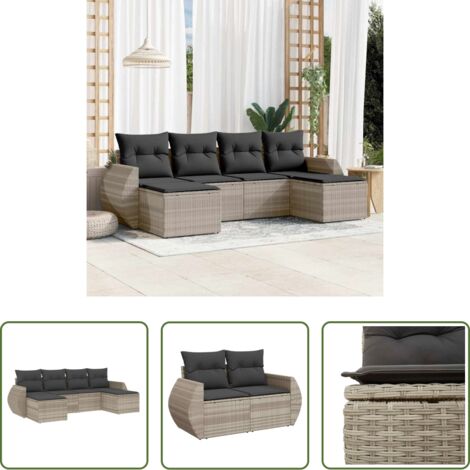 Poltrona da giardino -  Set Divano da Giardino 6pz con Cuscini Grigio Chiaro Polyrattan