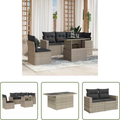 Poltrona da giardino -  Set Divano da Giardino 6pz con Cuscini Grigio Chiaro Polyrattan