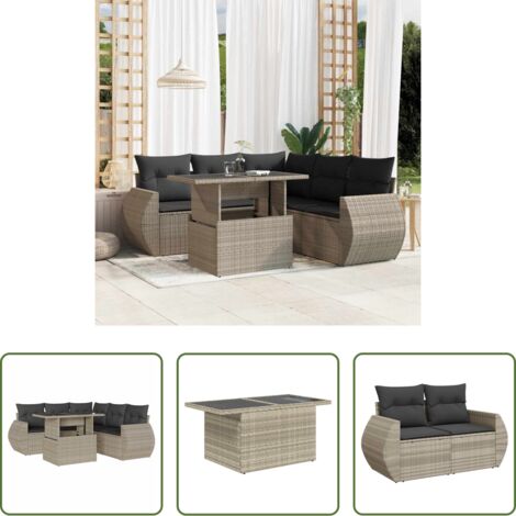 Poltrona da giardino -  Set Divano da Giardino 6pz con Cuscini Grigio Chiaro Polyrattan