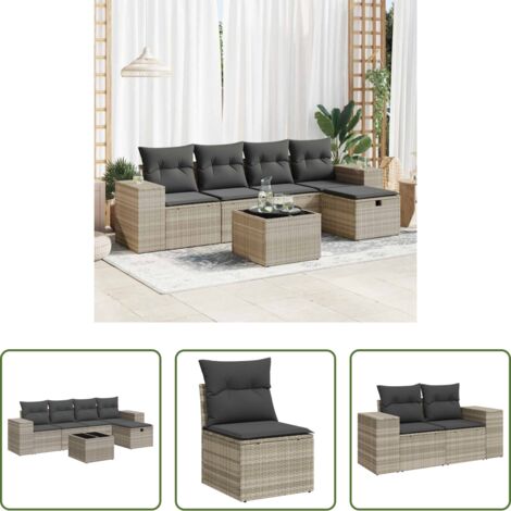 Poltrona da giardino -  Set Divano da Giardino 6pz con Cuscini Grigio Chiaro Polyrattan