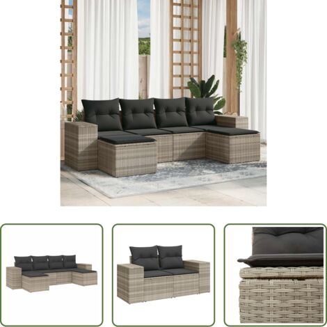Poltrona da giardino -  Set Divano da Giardino 6pz con Cuscini Grigio Chiaro Polyrattan