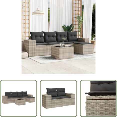 Poltrona da giardino -  Set Divano da Giardino 6pz con Cuscini Grigio Chiaro Polyrattan